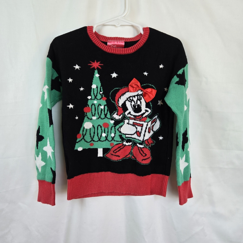 Disney Girls Black Red Green Minnie Mouse Christmas Holiday Pullover Sweater 4T‎